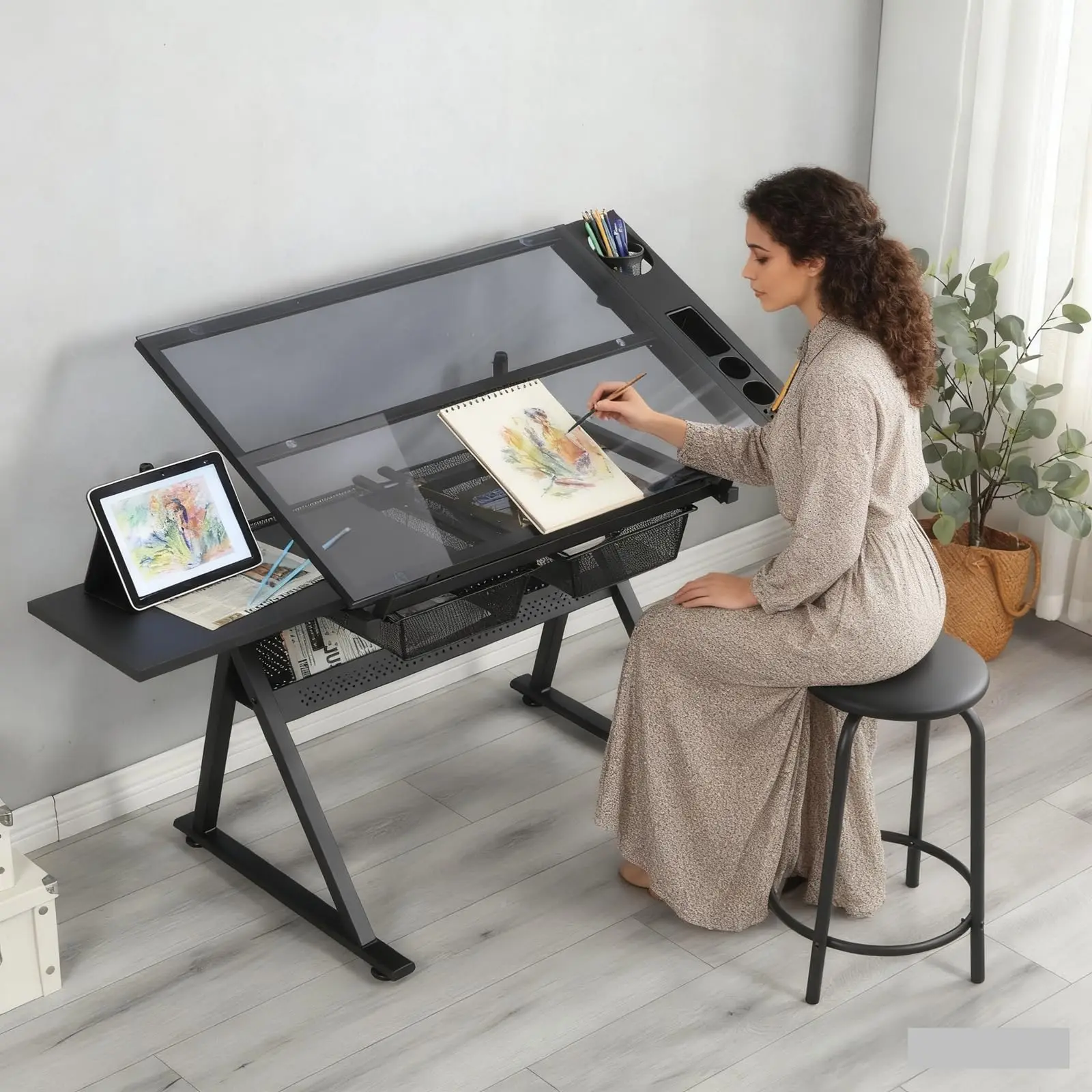 Drafting Table, Height Adjustable Art Tabe with Stool, Black