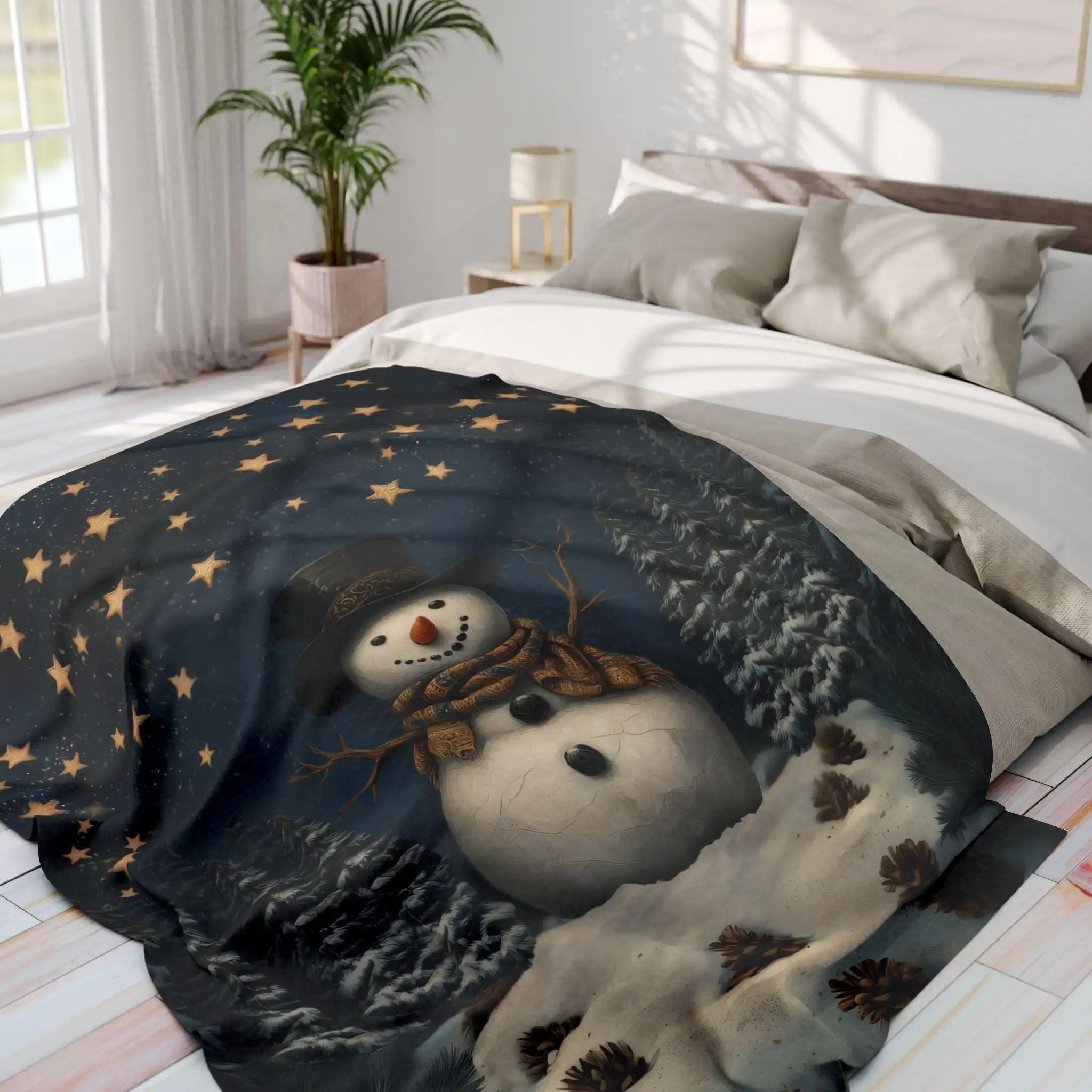 Whimsical Winter Wonderland William Morris Inspired Snowman Blanket, Cozy Christmas Decor Throw Fabric Poster Wall Art