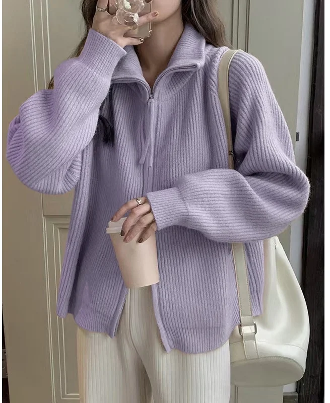 High Sense Super Nice Purple Knit cardigan Outerwear Spring and Autumn 2023 New Thickened Lapel Zip-up Sweater Women