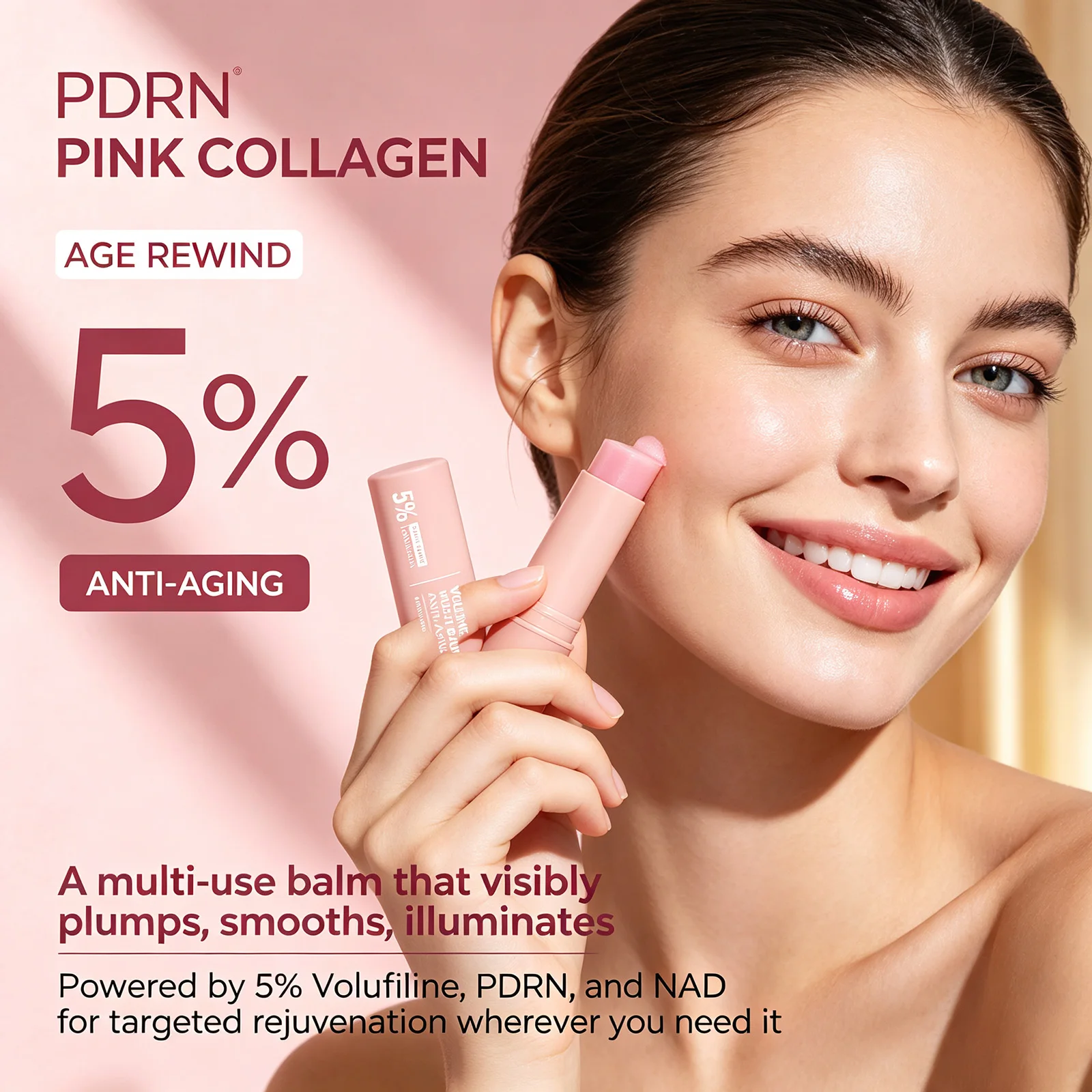 PDRN Pink Collagen Volume Multi Balm Stick For Under Eyes/Neck/Lips & Fine Lines 5% Wrinkle Stick For Dark Circles & Puffiness