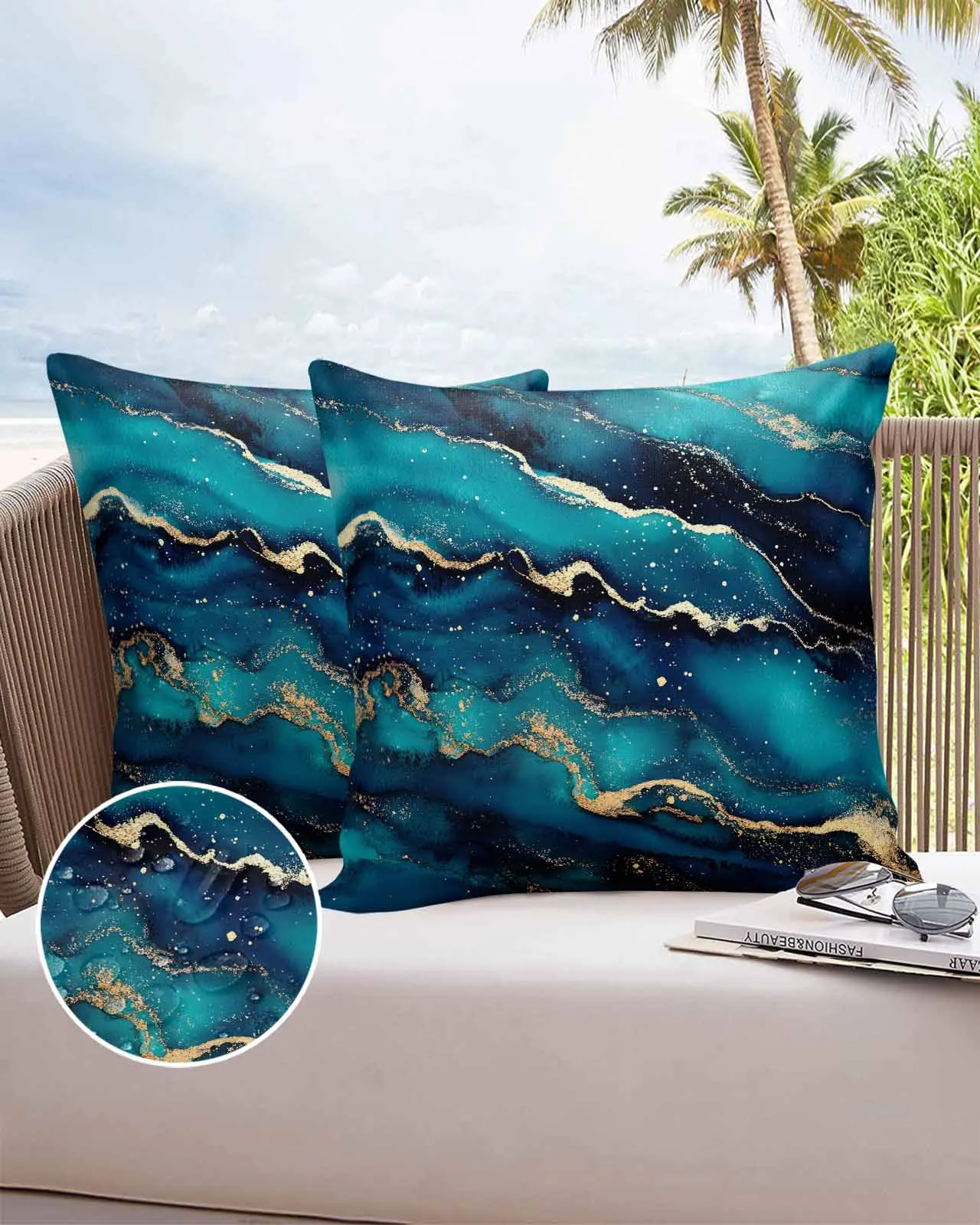 

Waterproof Pillow Cover Abstract Fluid Pattern Deep Blue Gold Outdoor Pillowcase Case Garden Patio Cushion Covers Home Decor