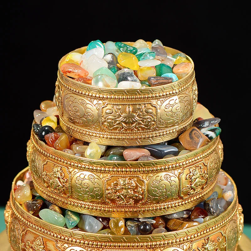 4 Layer Tibetan Manza ,Golden Engraving Flowers Tantric Handicraft Altars Shura Dish, Desktop Buddhist Religious Item,1Set - Image 3