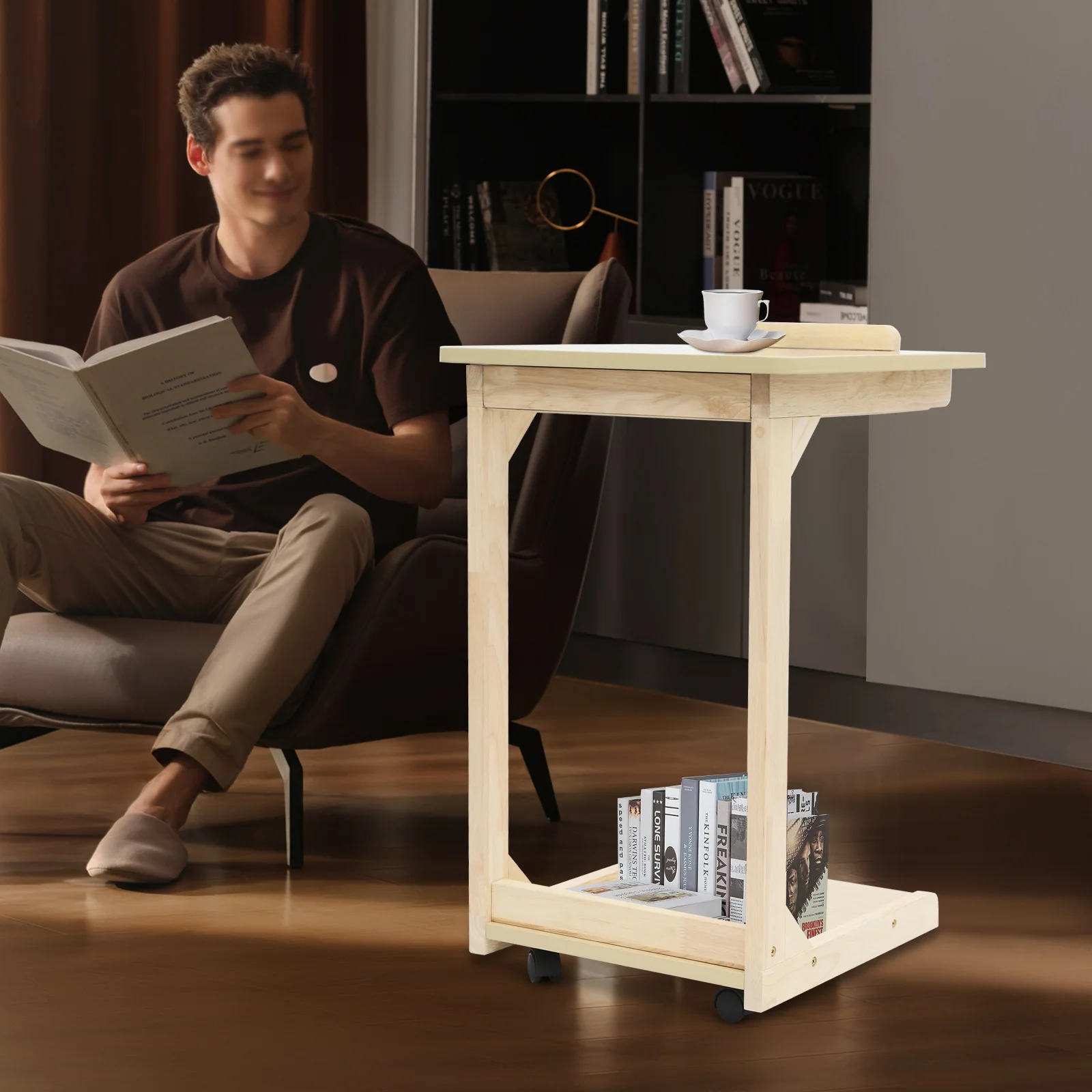 2 Tiers Wood Color C Shaped Table,Adjustable Angle C Table With 4 Wheels, Couch Table