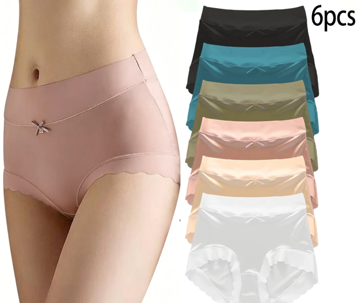 6PCS High-waist Women's Simple Satin Ice Silk Seamless Underwear Female Breathable High Quality Panties Butt Lift Briefs