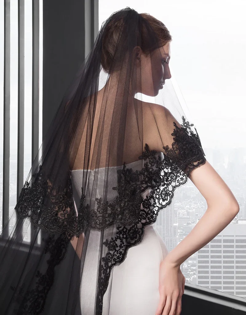 

Fashion Black Lace Wedding Veil Two Layer 300*150 CM Appliques Cathedral Long Bridal Accessories With Comb