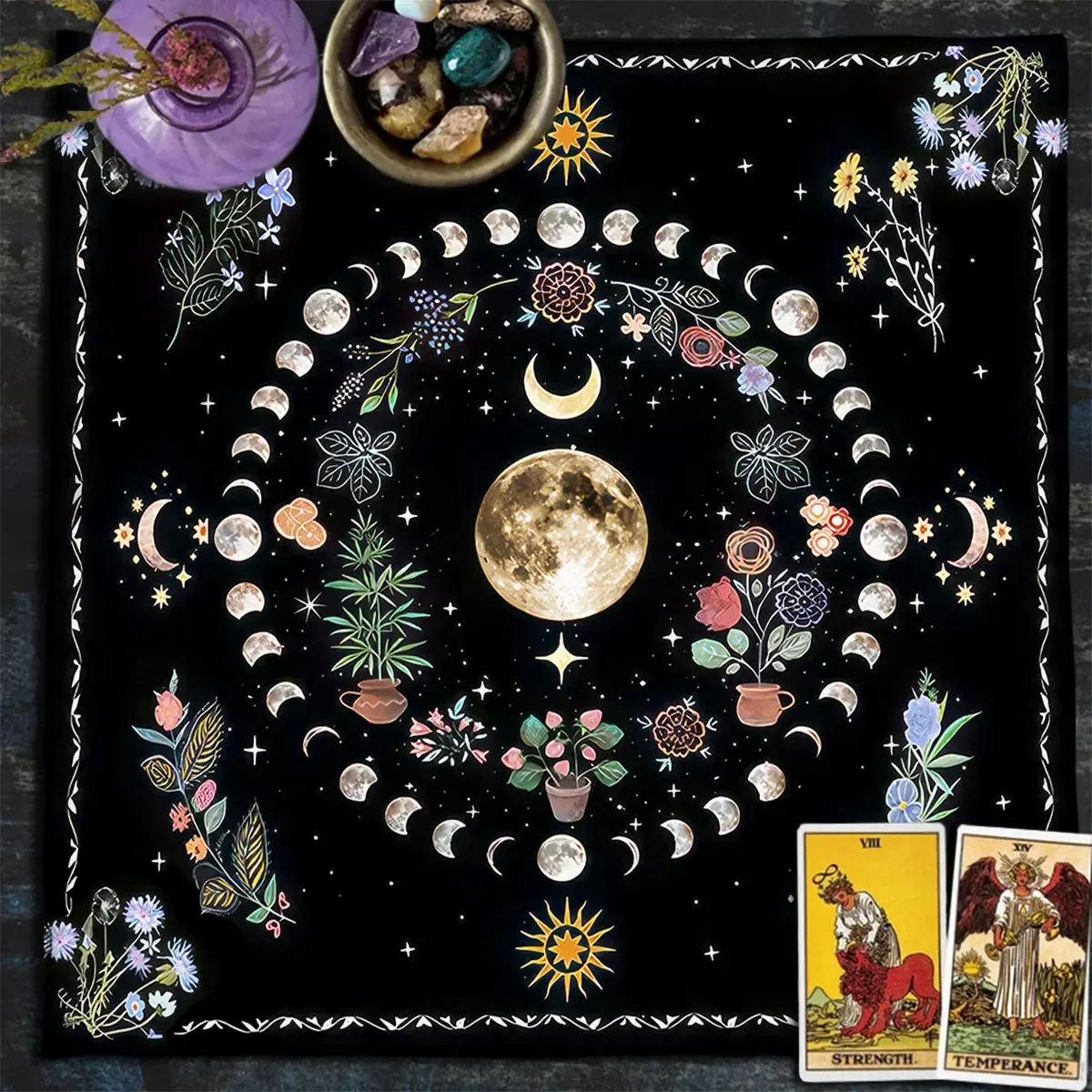 Botanical Moon Altar Cloth Tarot Mat Triple Moon Flower Spread Tarot Reading Cloth Spiritual Oracle Card Pad Divination Tools