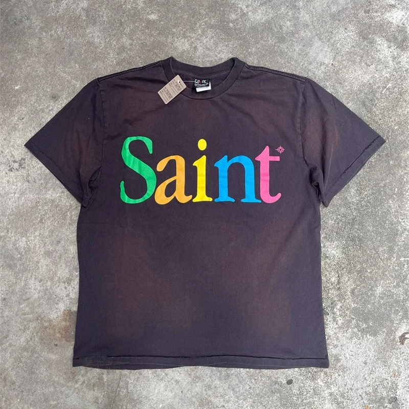 Sain Vintage Crackle Colorful Letters Printed T-Shirt Mens Womens Best Quality Washed Gray Street Clothing T Shirt Tops