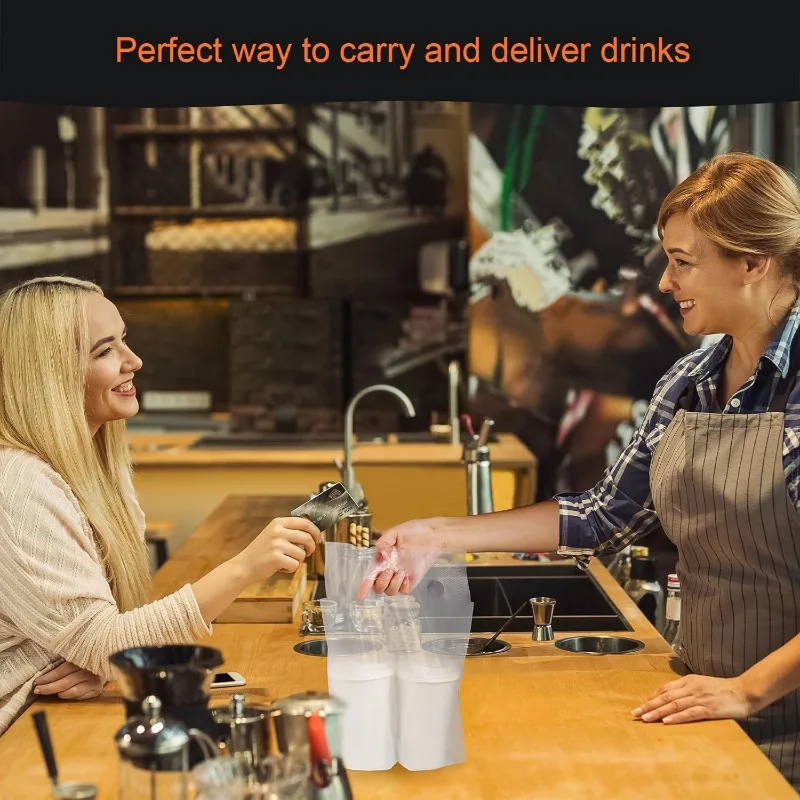 100 Pack Portable 1-Cup Drink Carrier - Clear Plastic Cup Holder w/Handle for Coffee/Tea/Juice, Take Out Bags for Restaurants