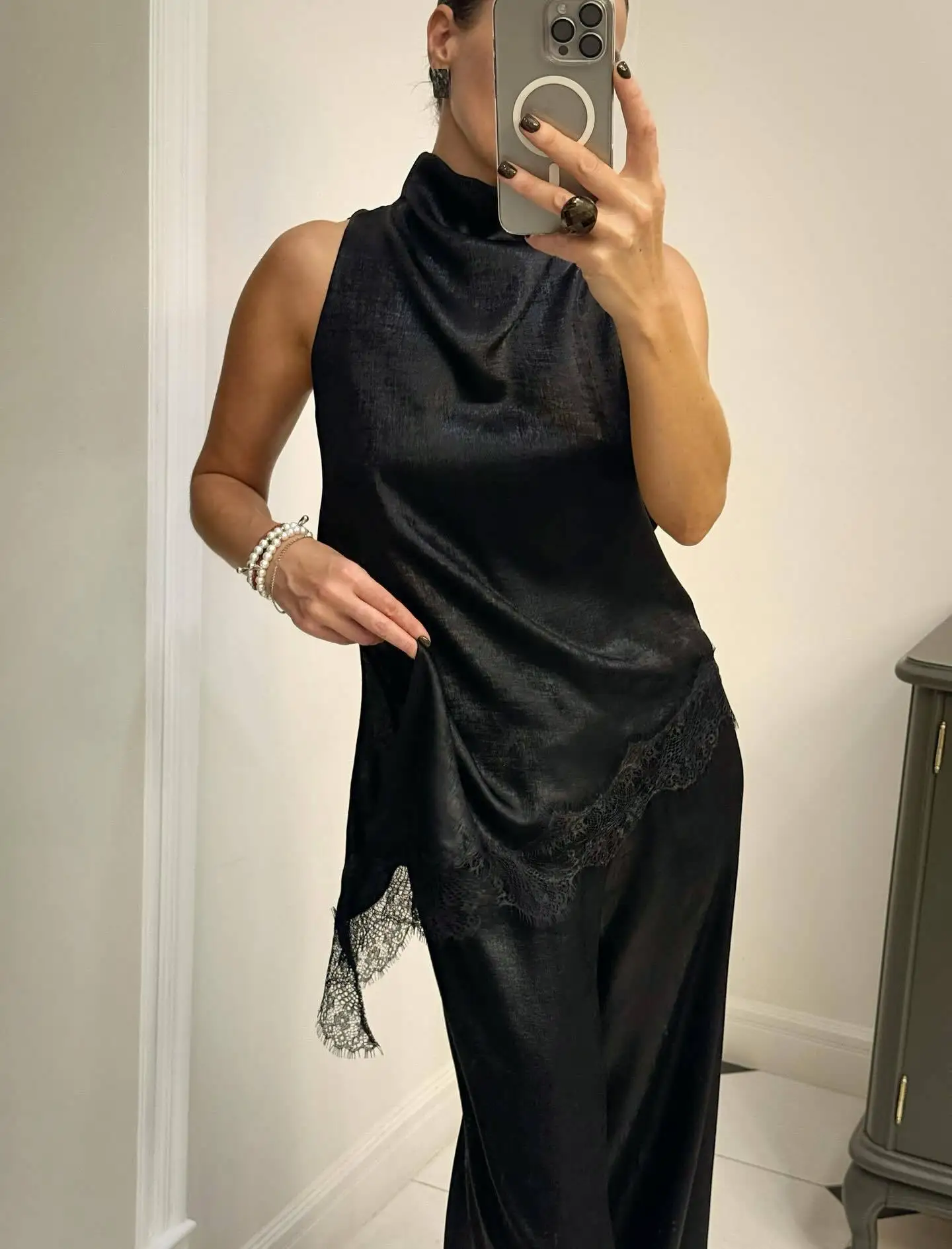 Summer Women's Satin High Neck Camisoles Irregular Floral Lace Trim Satin Silk High Low Vest Tanks Sleeveless Silky Layering Top
