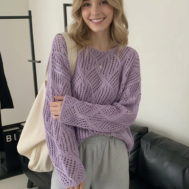 

Новый элегантный полый вязаный свитер с длинными рукавами, женская толстовка с капюшоном, свободный офисный топ с круглым вырезом на весну и осень