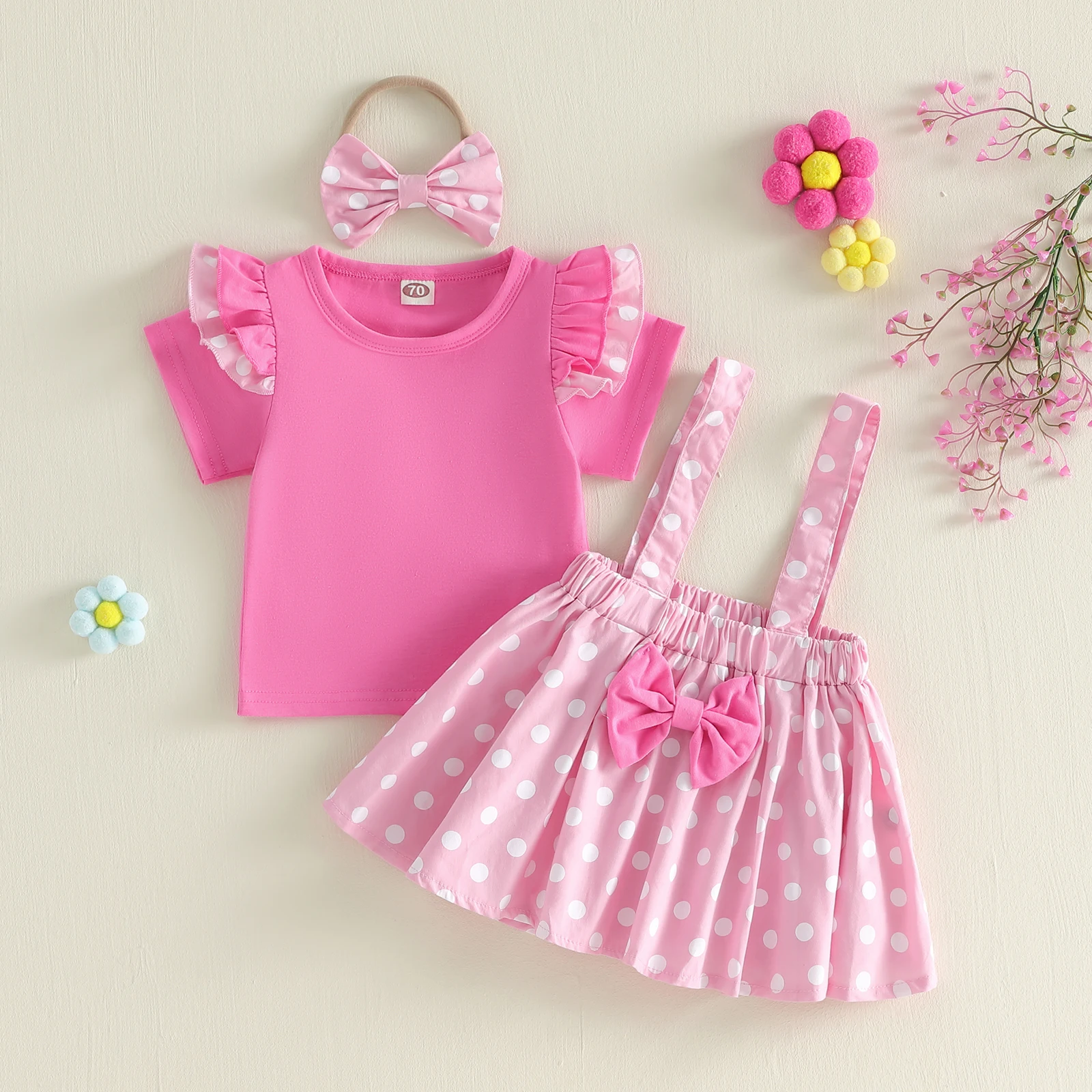 0-4Y Toddler Baby Girls Clothing Set Casual Short Sleeve T shirt Tops with Dot Suspender Skirt Headband 3Pcs Girls Skirts Outfit