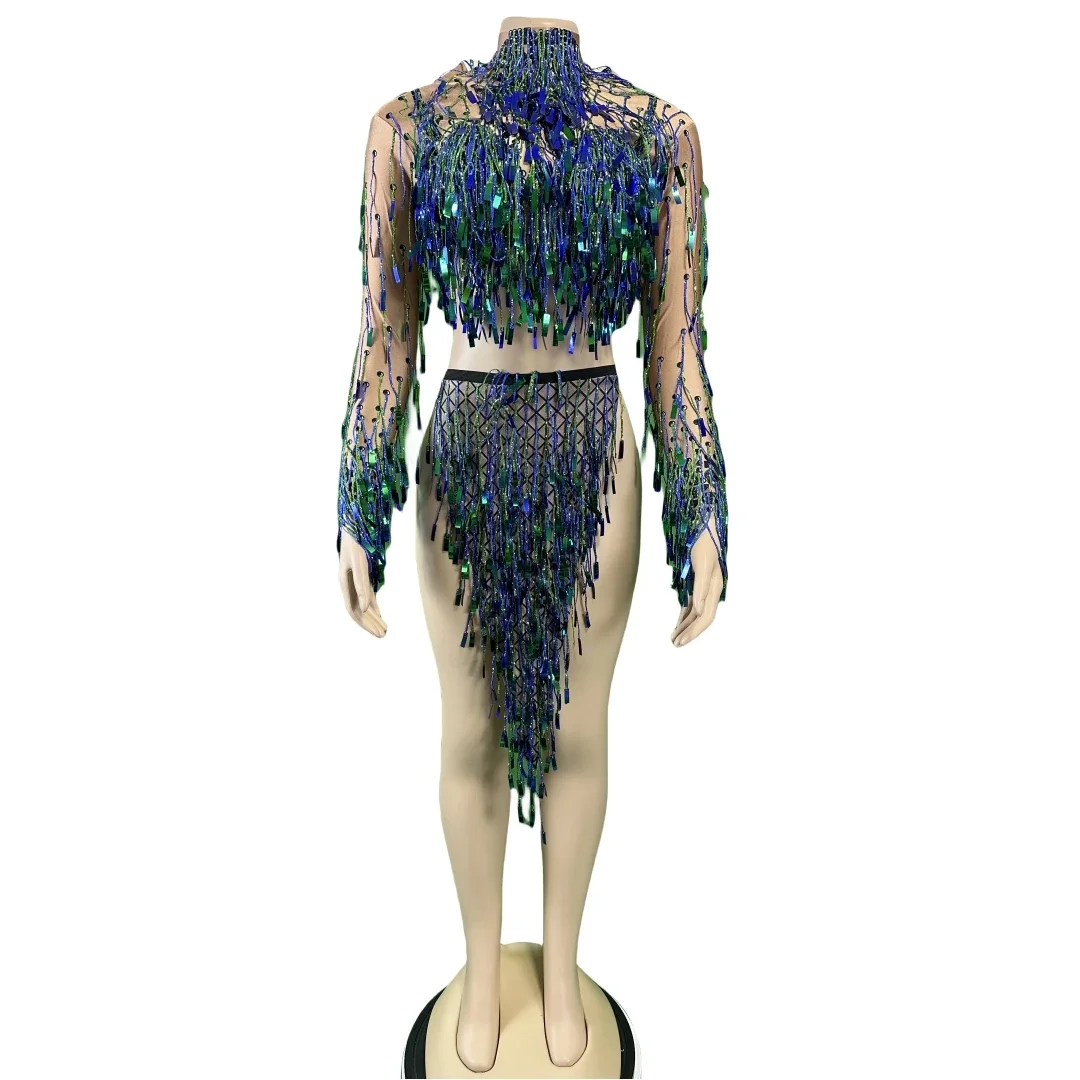 

Women Shinning Sequins Sexy Stage Wear 2 Pcs Set Skirts Dress Design Glitter Singer Dancer Queen Costumes
