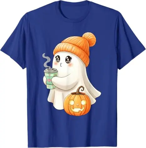 Cute Ghost Drinking Coffee Halloween Ghost Ice Coffee Woman T-Shirt Y2k Art Funny Spooky Season Apparel Aesthetic Clothes Tees