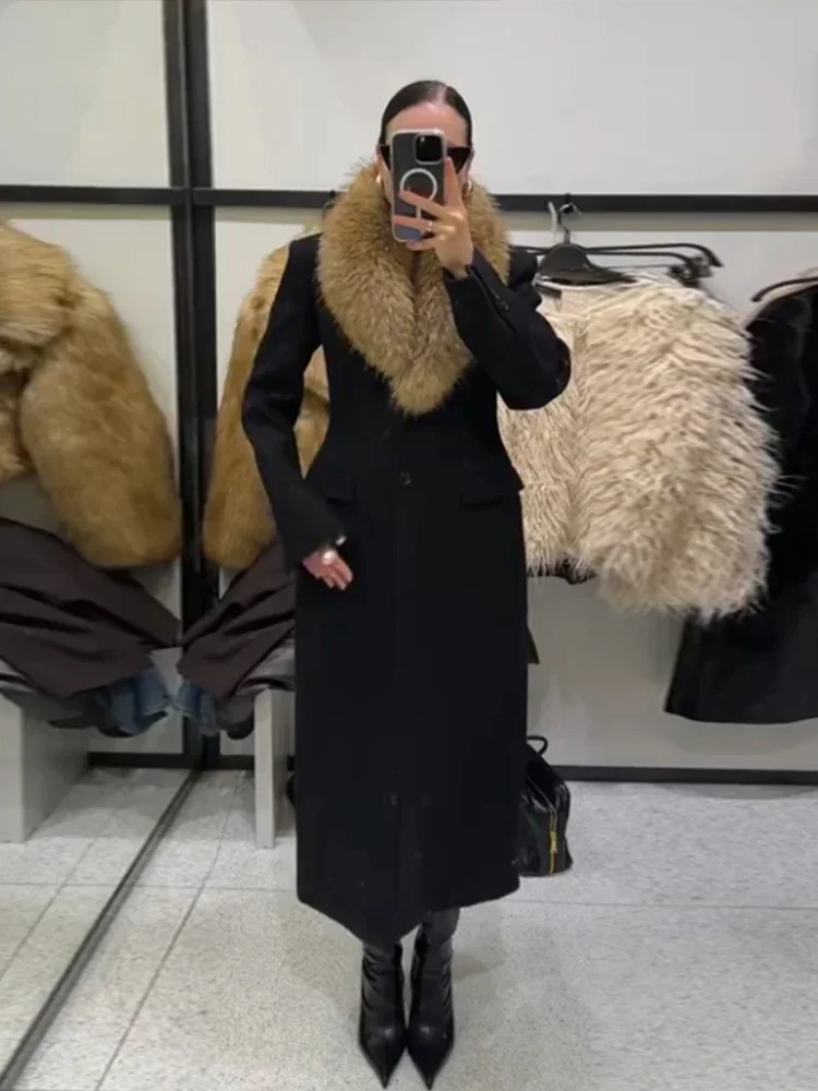 Cappotti lunghi in misto lana da donna Collo in pelliccia Nuove giacche Capispalla moda ingombranti in vita Inverno Donna elegante Abbigliamento casual quotidiano