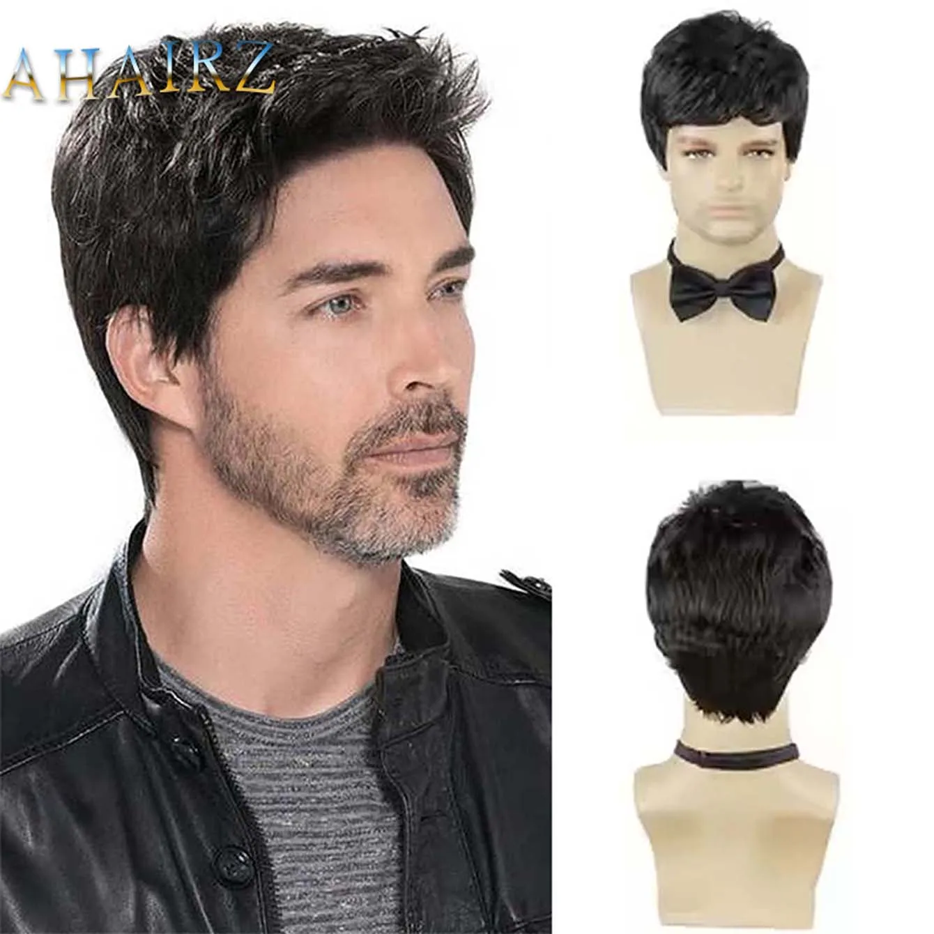 Synthetic Mens Short Wig with Bangs Black Wig for Male Realistic Fake Hair Father Gift Cosplay Old Man Daily Wear Wig