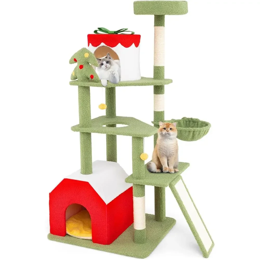 

61 High Cat Tower with Sisal Posts, Climbing Ladder, Plush Perch, Box Condo, Toys, and Basket Bed