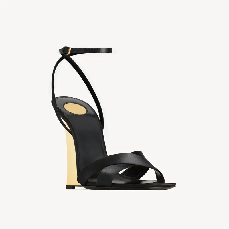 European and American Fashion Wedge Heel Color Blocked Fine Strap Sandals, Fashion Banquet Runway,one Button Strap Women\'s Shoes