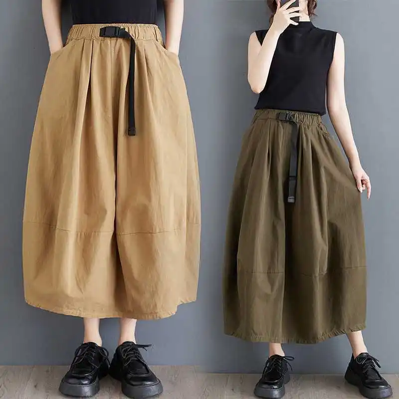 

Summer New Japanese Vintage Streetwear Solid Color 100% Cotton Skirts Women High Elastic Waist Casual Office Lady Work Skirt