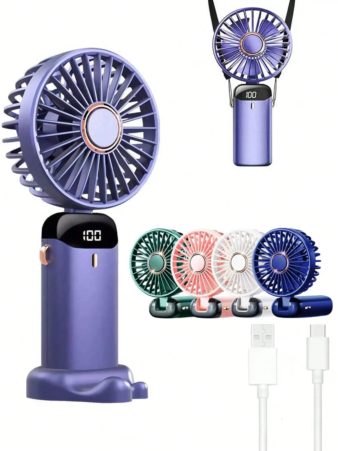 

1Pc USB Rechargeable Mini Handheld Fan, 5 wind speeds with digital display, foldable design with stand and neck strap, 800mAh battery for office, dorm, outdoor and travel use