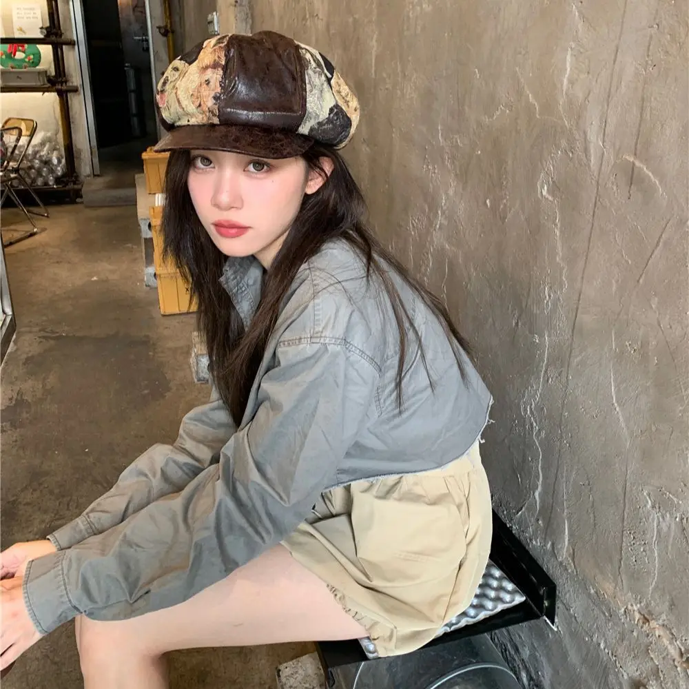 Beret Women's Hong Kong Style Art Retro Splicing Octagonal Caps Autumn/Winter Casual Fashion Versatile Personalized Beret Hats