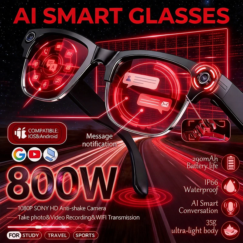 2026 신형 4K HD 카메라 비즈니스 800W AI 스마트 안경 ELS 흔들림 방지 1080P 비디오 AI 번역 통화 녹음 스포츠 안경 남성용