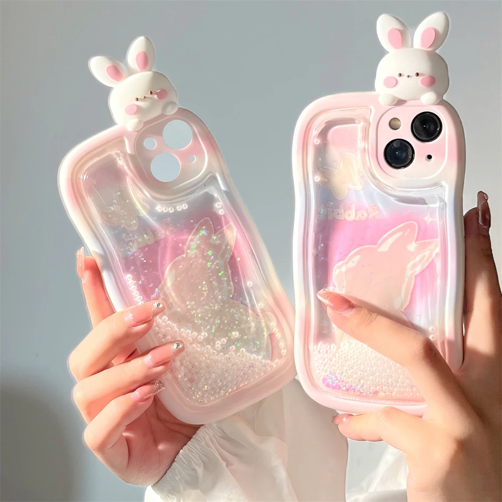 Korean cartoon 3D cute rabbit pearl quicksand glitter silicone phone case for iPhone 11 12 13 14 15 Pro Max  Funshockproof cover