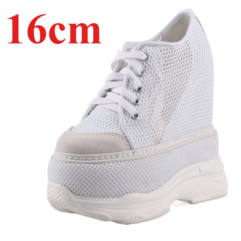 Summer Mesh Breathable Comfort 16cm Height Increasing Shoes for Women's Thick Soled Sponge Cake Sneakers Leisure Elevator Shoes