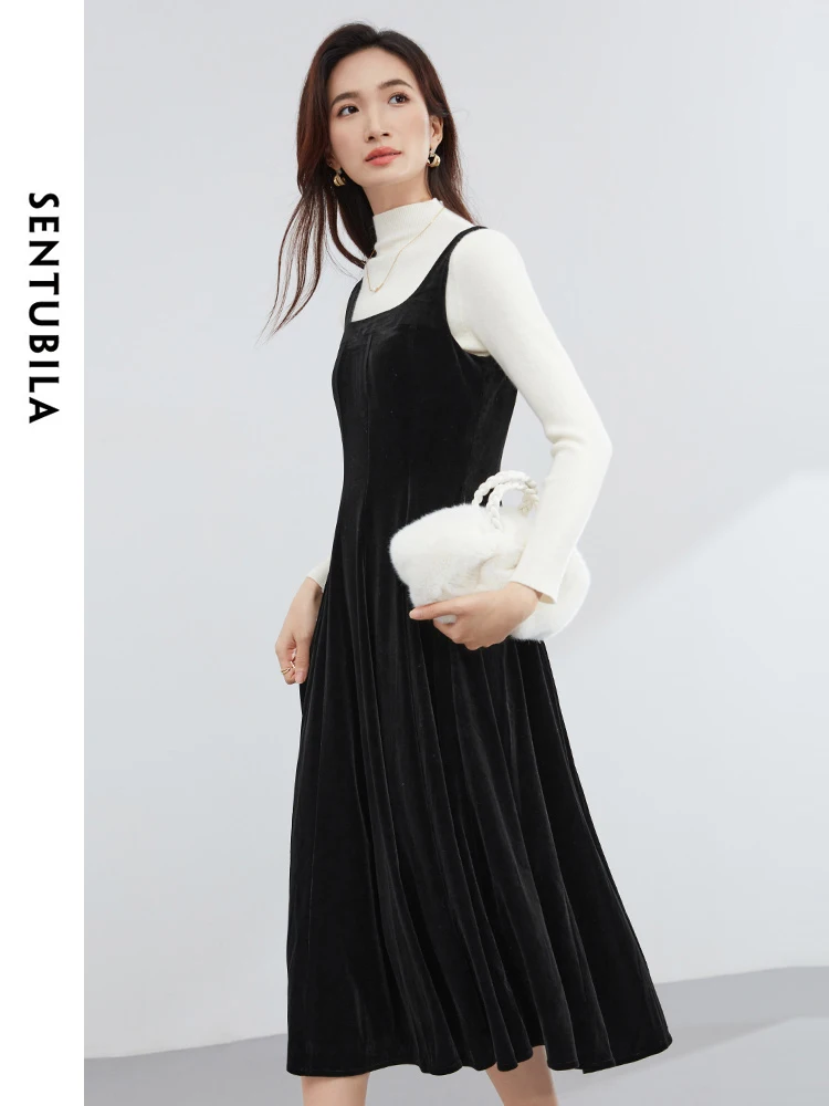 SENTUBILA Black Square Collar Velvet Sleeveless Midi Dress 2024 Spring Simple Straight Tank Midi Dresses for Woman 134L52556