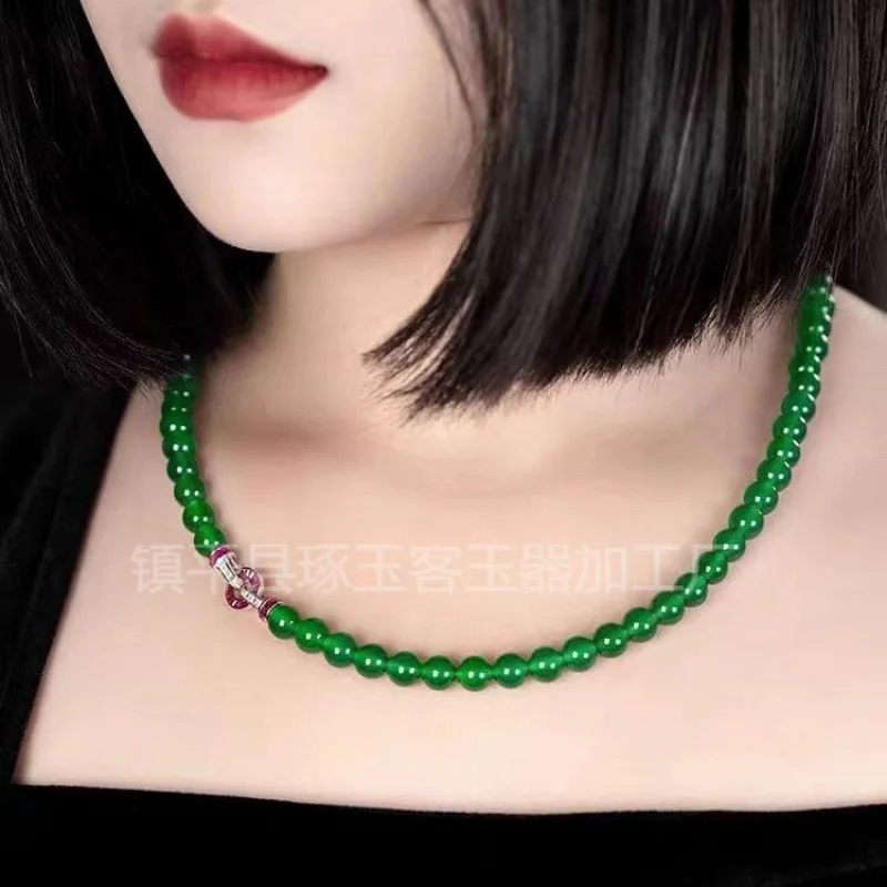 

Natural green chalcedony necklace with 925 silver plating, inlaid with high-carbon diamonds, universal clasp sweater chain, emer