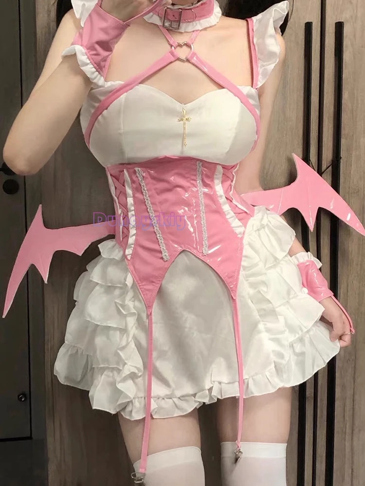 Vestido de Lolita de Anime japonés para mujer, minivestido Sexy con volantes y Espalda descubierta, Cosplay de sirvienta de diablo para Halloween, fiesta de hadas