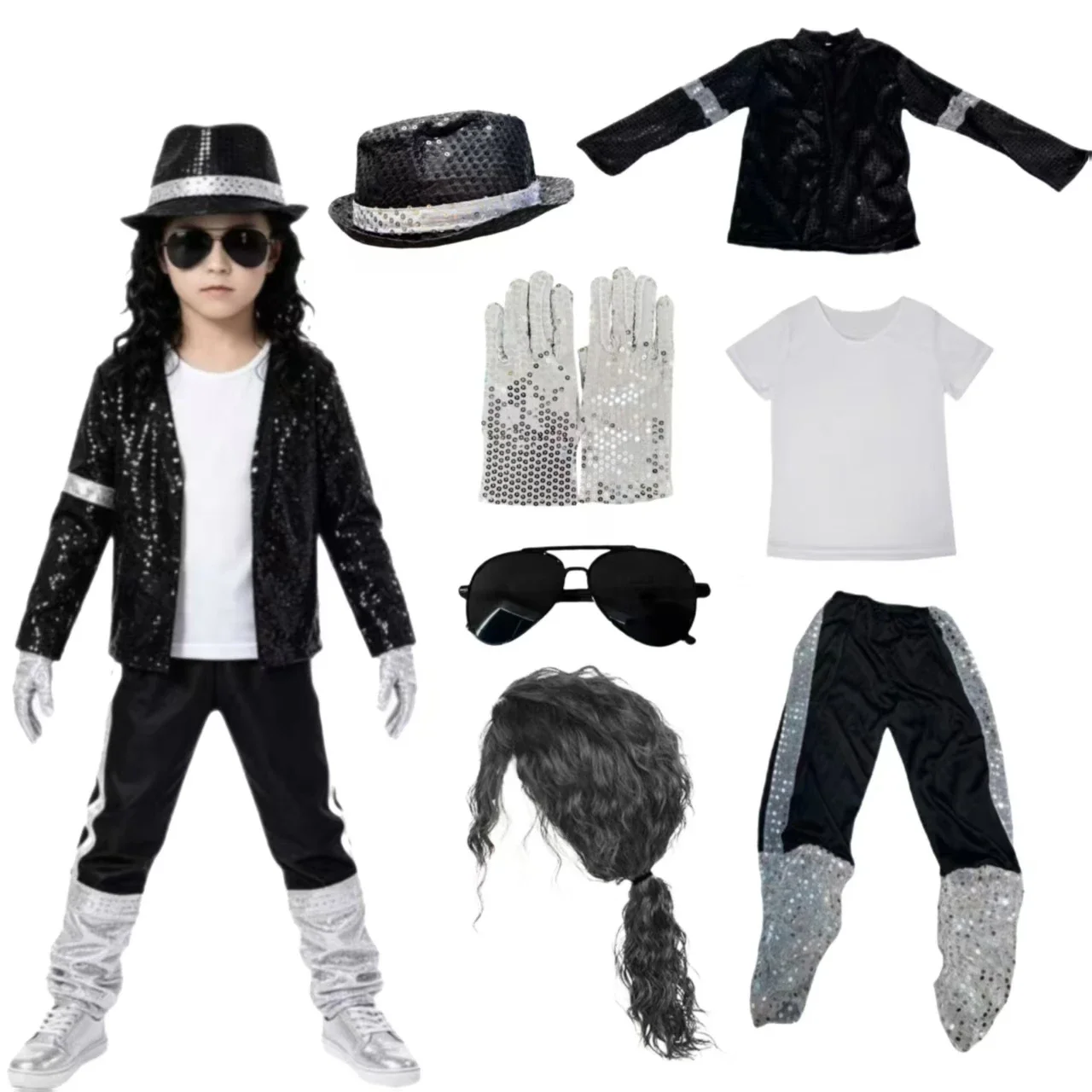 Disfraces de Escenario MJ, Traje de Baile Clásico con Lentejuelas Negras de Michael Jackson, Disfraz de Halloween para Hombre, Camisetas, Sombreros, Guantes, Traje Completo