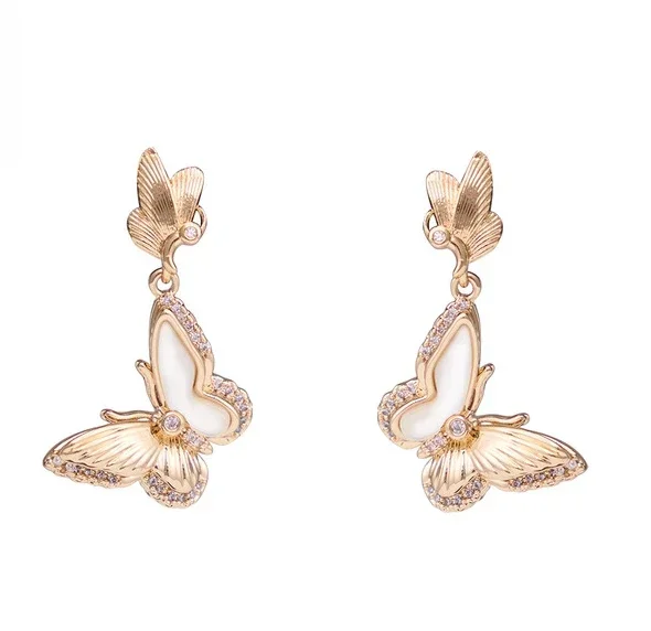 Golden white Fritillary twin butterfly earrings, full of high-end sense