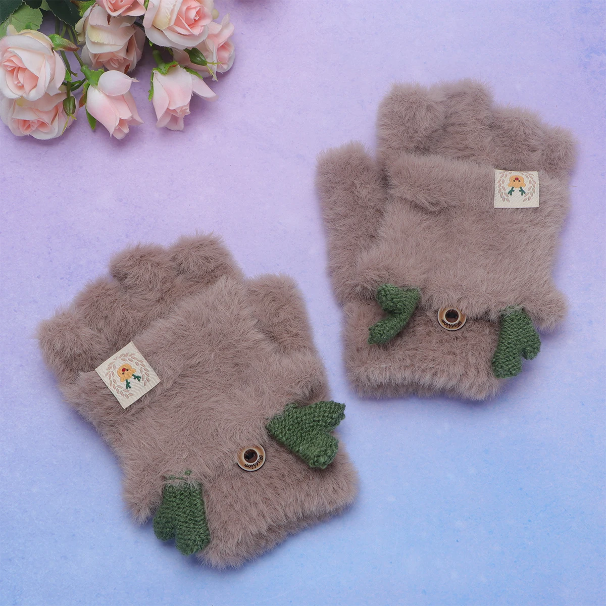 

1 Pair Kids Warm Gloves Half-Finger Winter Hand Protectors For Children Khaki Antler Outdoor Indoor Use Gift For Boys Girls