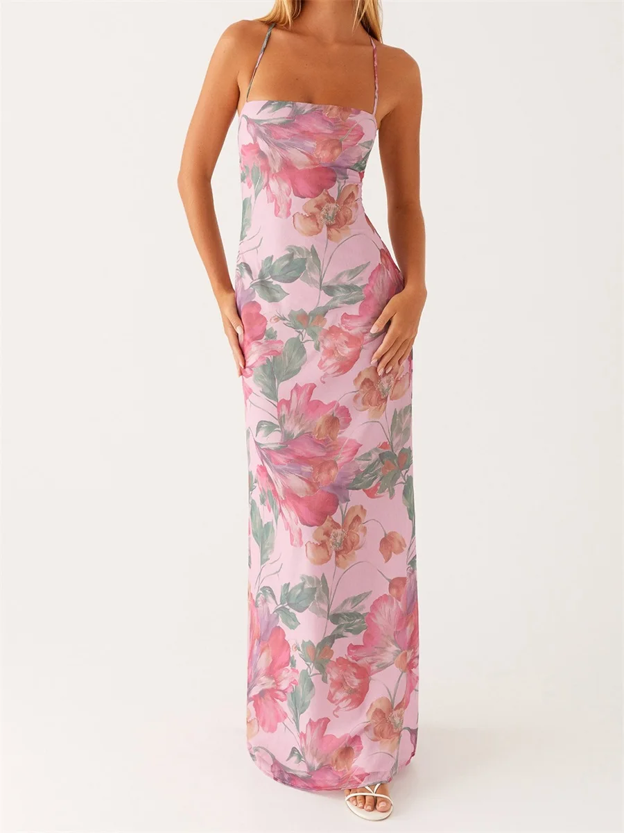 ผู้หญิงชุดยาวดอกไม้พิมพ์ชุด Cami ฤดูร้อน CROSS Tie-Up Backless แฟชั่นสปาเก็ตตี้ชุดสายคล้อง