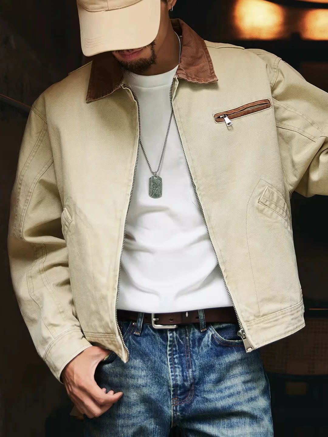 

American Barn Sle Color Blo Collar Men's Workwear Jaet Spring Autumn New Sle ort Outerwear Youth Faion Casual