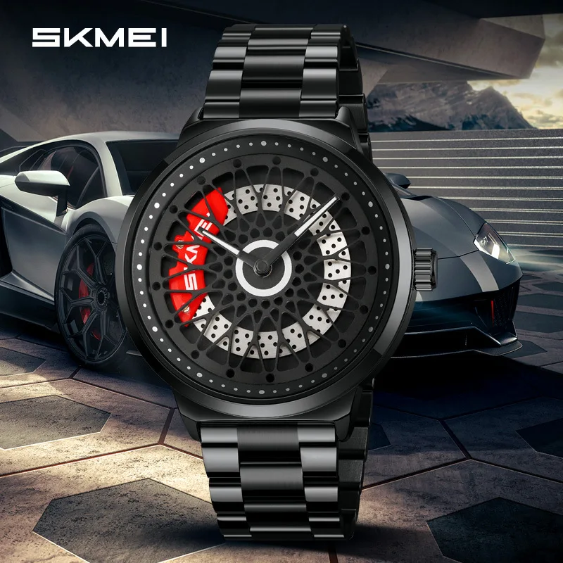 SkmeiWheel นาฬิกาผู้ชาย Hollow-OUT Rotatable Dial กันน้ําเข็มขัดเหล็กนาฬิกาควอตซ์นาฬิกาผู้ชาย