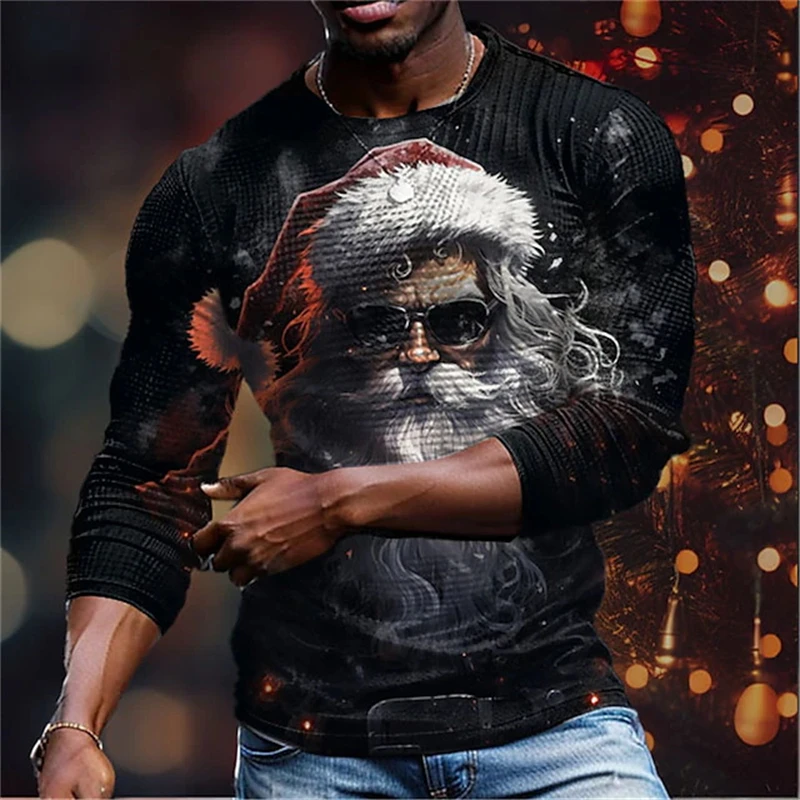 3D Printed Christmas Round Neck Long Sleeve T Shirt Women Santa Claus New Fashion Tops Men's Holiday Party Mens Designer Clothes