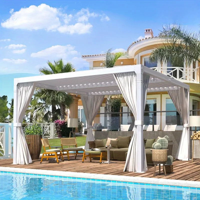 

EROMMY 10x10FT Алюминиевая пергола с жалюзи — регулируемая непромокаемая крыша с шторами и сетками, уличный дворик/на заднем дворе, белый