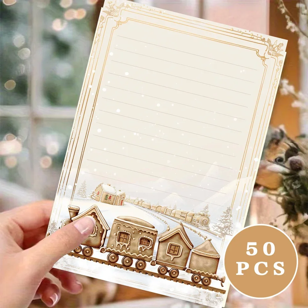 50 Sheets, Train Christmas Snow Scene themed Writing Paper, Lined, Gluefree, Very Suitable For Notebooks, Memos, And Stickers