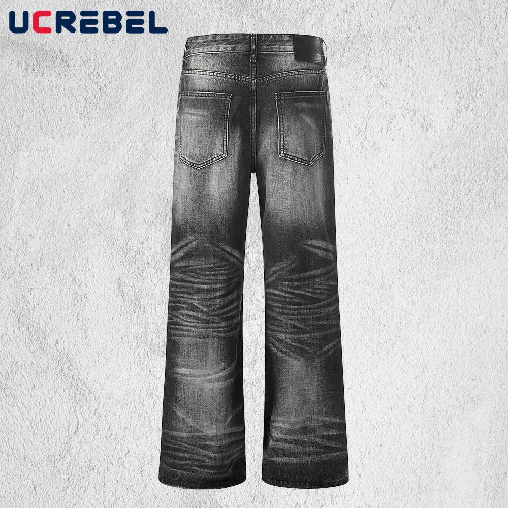 Single Breasted Whisker Jeans Mens Washed Distressed Baggy Casual Denim Pants Man
