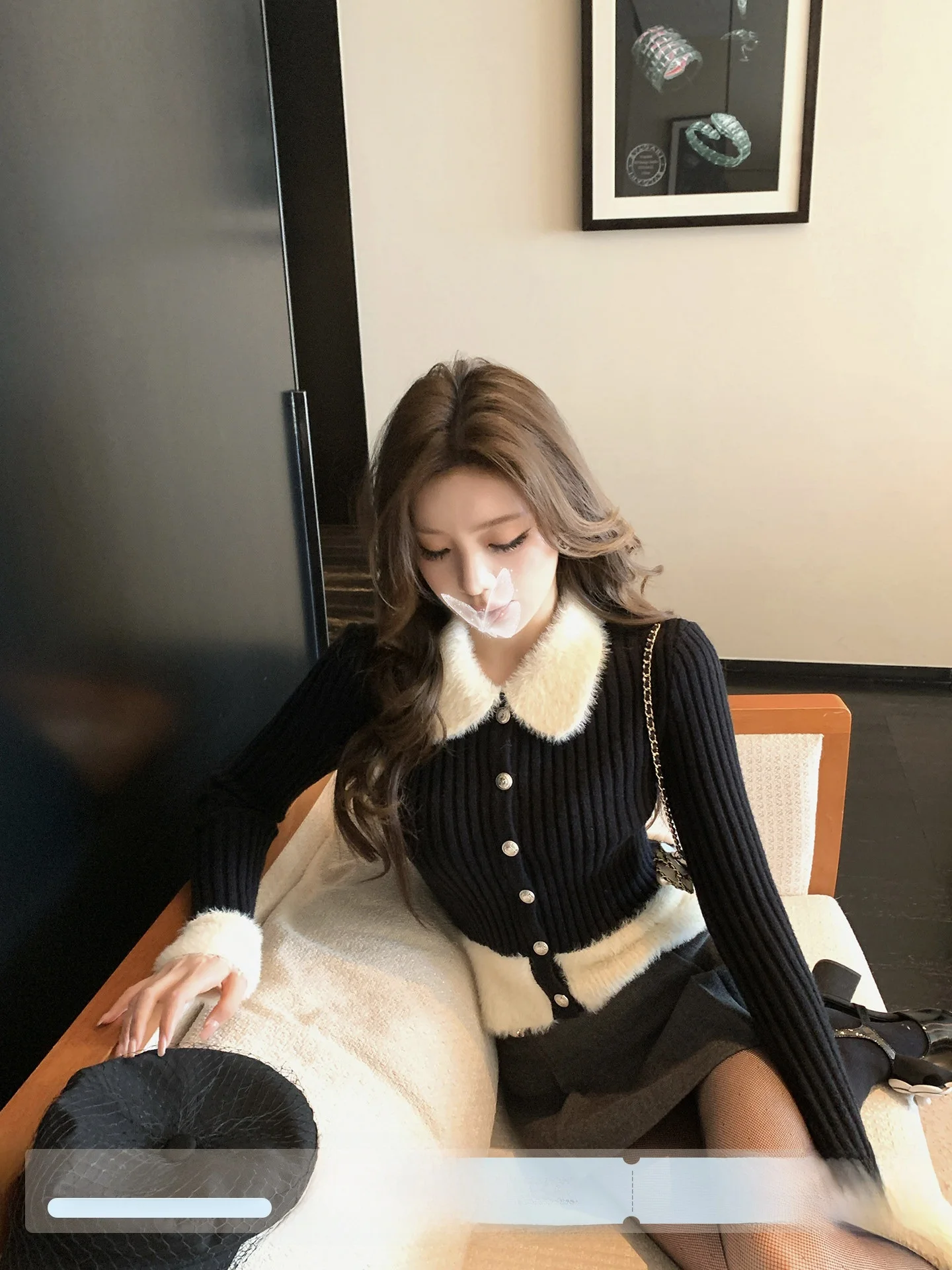 

Paris Love Short Knitted Sweater Women's Fashion Casual Style Plaid Fluffy Patchwork Turn-down Collar Knitwear Jacket