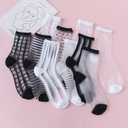 Summer Socks Women See Through Transparent Polka Dot Crystal Silk Socks Ultra-thin Breathable Black White Elastic Long Socks Sox