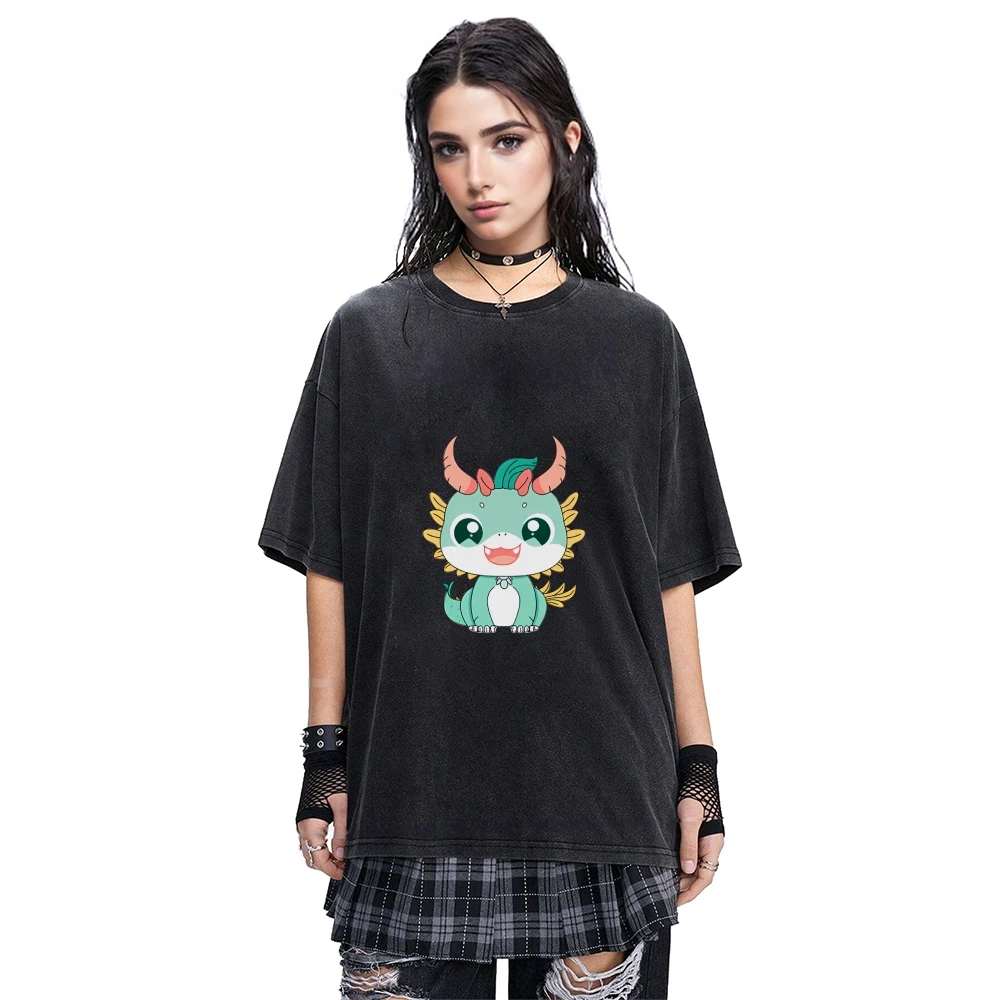 

Unisex Washed T - Shirt, Cute Dragon Graphic Print, Whimsical Fantasy Design, Casual Short - Sleeve, Trendy Streetwear Tee