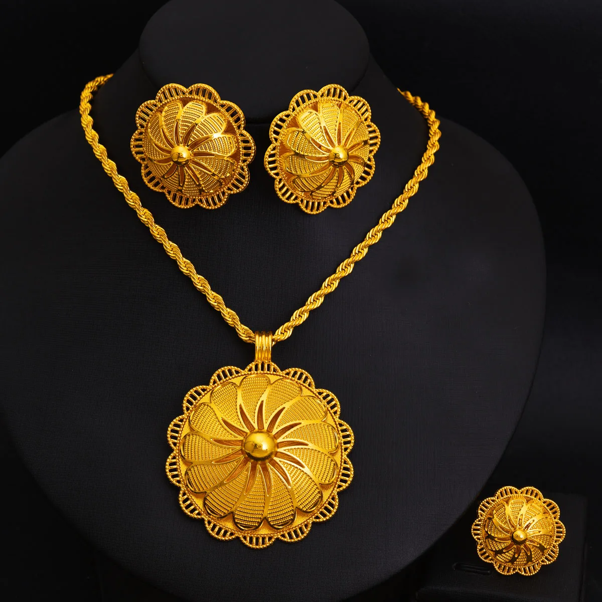 Golden Color Ethiopian Jewelry Set Hollow out Whirlwind Pattern 3-Piece Sets African Eritrean Wedding Engagement Gifts #207