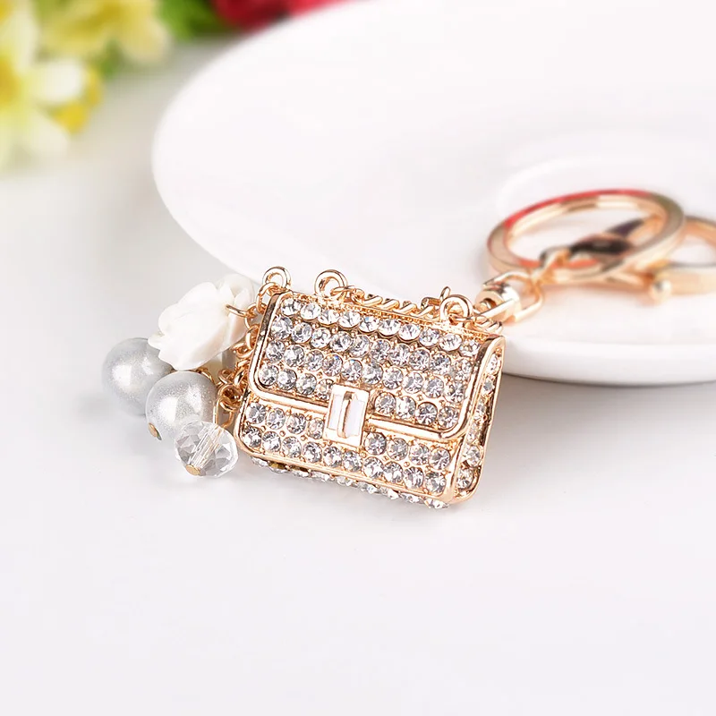 Creative Pearl Rhinestone Keyrings Handbag Design Key Chain Car Key Ring Women\'s Bag Charm Pendant Fashion Keychains Trinket