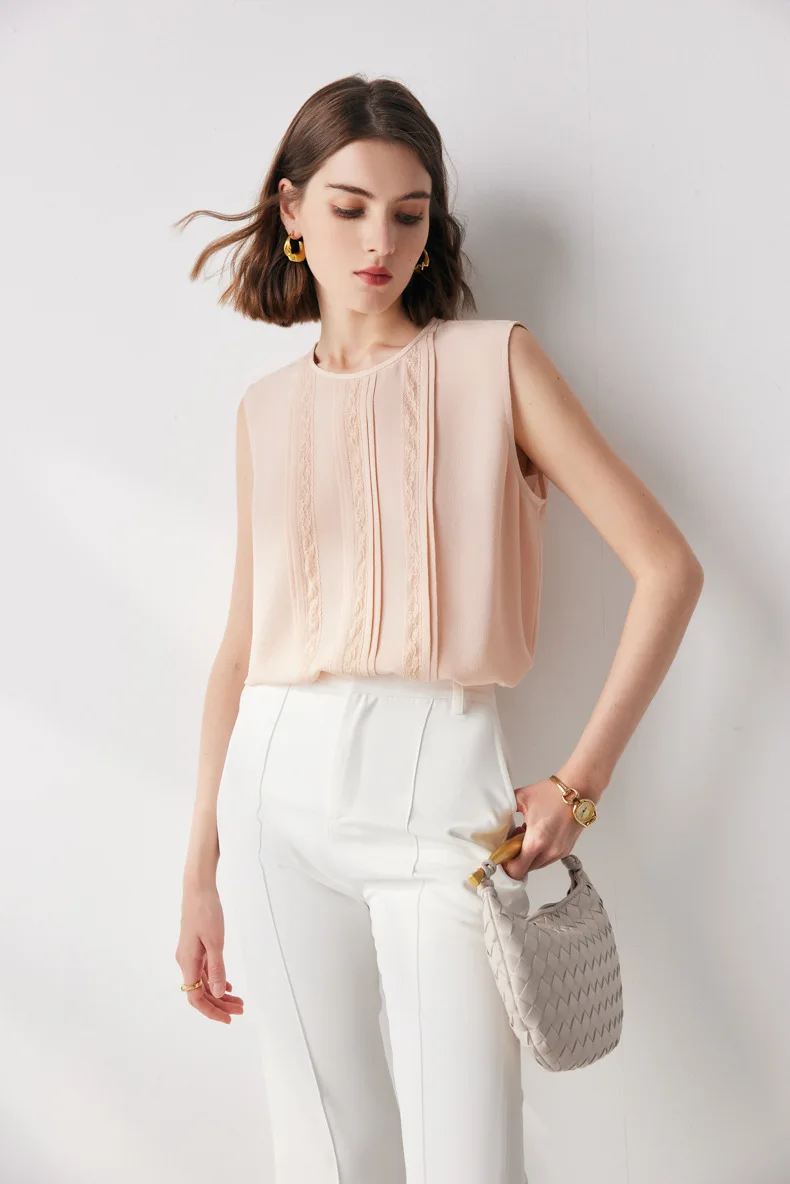 100% Silk Women's Blouse O Neck Sleeveless Ruffles Appliques Elegant Fashion Blouse Tops