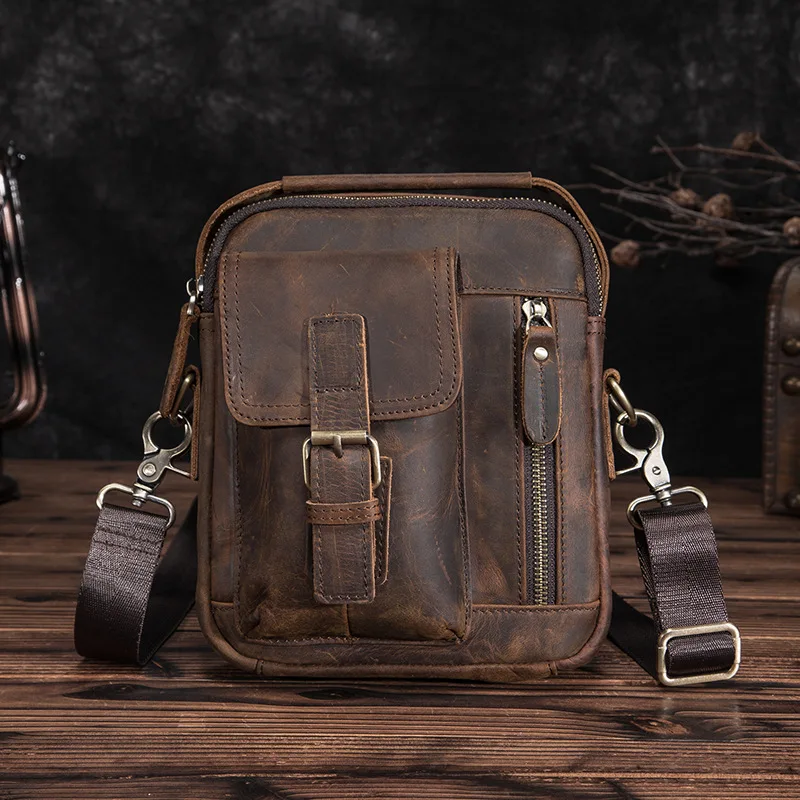 

Genuine Crazy Horse Leather Crossbody Bag for Men Vintage Waxed Camera Phone Sling Bag Outdoor Hip Pack Handheld Purse