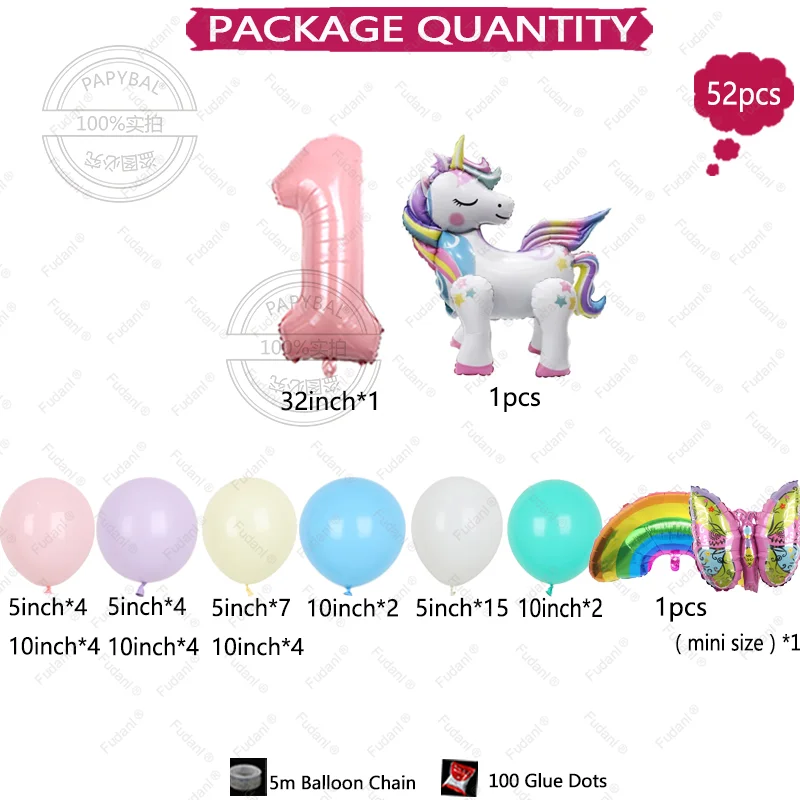 52pcs 3D Rainbow Unicorn Theme Balloon Column 32inch Pink Number 1-9th Girl Birthday Party Favors Baby Shower Decorative Balloon