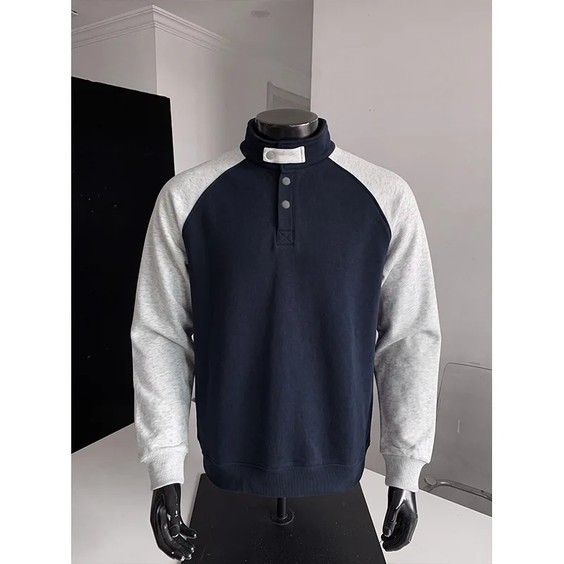 Men's Heavyweight Cotton Polo Sweatshirt – Stand Collar Button-Down Long Sleeve Top, Colorblock Raglan Sleeve Casual Pullover