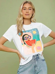 Eating Watermelon On The Beach Pattern Painting Tees Comfy Soft Women T-Shirt Trendy Nice Clothes Daily Versatile Short Sleeve